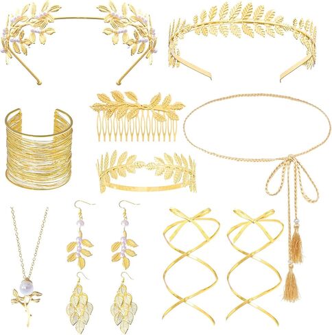 7 Pcs Greek Goddess Accessories for Women Golden Roman Laurel Leaf Crown Headband Upper Arm Cuff Bracelet Pearl Earrings Toga Costume Jewelry for Bridal Bridesmaid Wedding Party Halloween in Kuwait
