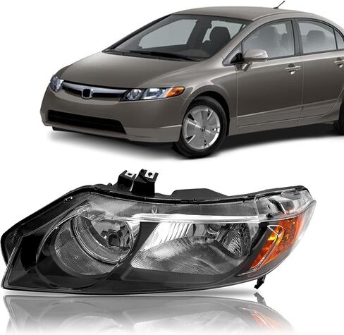 PartsFlow Halogen Headlight Chrome Housing Clear Lens Headlamp Left Drive Side Without Bulb For 2006 2007 2008 2009 2010 2011 Honda Civic 33151SNAA02 in Saudi Arabia