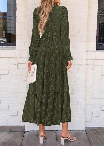 KIRUNDO Womens Fall Long Sleeve Maxi Dress Floral Elegant V Neck A Line Tiered Flowy Wedding Guest Cocktail Party Dress in Kuwait