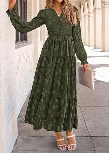 KIRUNDO Womens Fall Long Sleeve Maxi Dress Floral Elegant V Neck A Line Tiered Flowy Wedding Guest Cocktail Party Dress in Kuwait