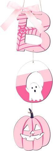 Jetec Halloween Door Decoration Pink Boo Wall Sign Large Size Wooden Boo Hanging Door Sign Wall Plaque with Ghost Pumpkin for Outdoor Indoor Halloween Party Decoration in Saudi Arabia