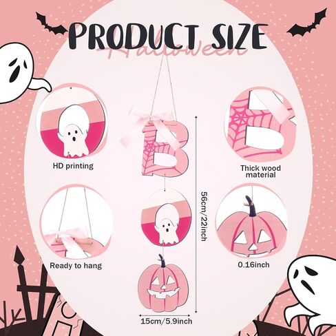 Jetec Halloween Door Decoration Pink Boo Wall Sign Large Size Wooden Boo Hanging Door Sign Wall Plaque with Ghost Pumpkin for Outdoor Indoor Halloween Party Decoration in Saudi Arabia