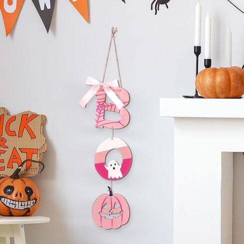 Jetec Halloween Door Decoration Pink Boo Wall Sign Large Size Wooden Boo Hanging Door Sign Wall Plaque with Ghost Pumpkin for Outdoor Indoor Halloween Party Decoration in Saudi Arabia