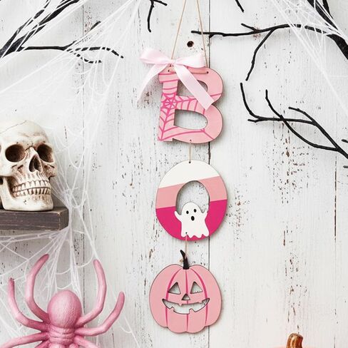 Jetec Halloween Door Decoration Pink Boo Wall Sign Large Size Wooden Boo Hanging Door Sign Wall Plaque with Ghost Pumpkin for Outdoor Indoor Halloween Party Decoration in Saudi Arabia