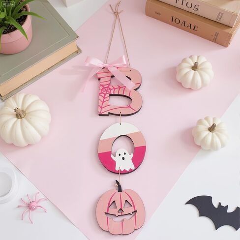 Jetec Halloween Door Decoration Pink Boo Wall Sign Large Size Wooden Boo Hanging Door Sign Wall Plaque with Ghost Pumpkin for Outdoor Indoor Halloween Party Decoration in Saudi Arabia