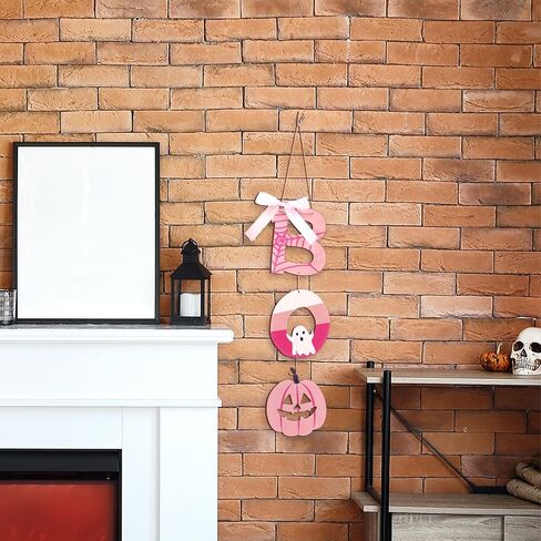 Jetec Halloween Door Decoration Pink Boo Wall Sign Large Size Wooden Boo Hanging Door Sign Wall Plaque with Ghost Pumpkin for Outdoor Indoor Halloween Party Decoration in Saudi Arabia