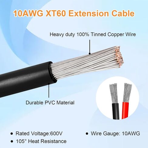 10AWG 2FT XT60 كابل تمديد للطاقة الشمسية 2 3 6 10 15 20 25 35 40 50 75 100FT XT60 موصل تمديد للطاقة الشمسية محول كابل سمكا أنثى إلى ذكر لمحطة الطاقة المحمولة لوحة طاقة شمسية RC بطارية LiFePO4 in Kuwait