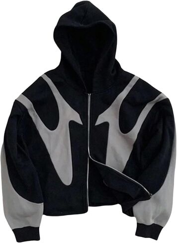 Men's Oversized Zip Up Hoodie Color Block Long Sleeve Hooded Sweatshirts Retro Jacket Streetwear in Saudi Arabia