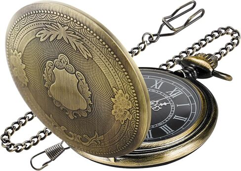 Both Sides Gold Carved Flower Quartz Pocket Watch Quartz Movement, Quartz Pocket Watches with Chain Clip for Men-Gold in Kuwait