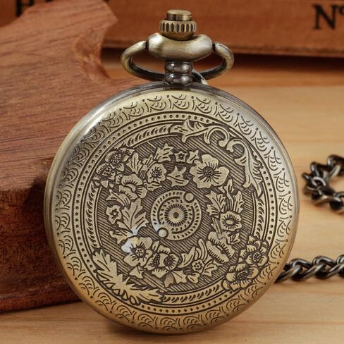 Both Sides Gold Carved Flower Quartz Pocket Watch Quartz Movement, Quartz Pocket Watches with Chain Clip for Men-Gold in Kuwait