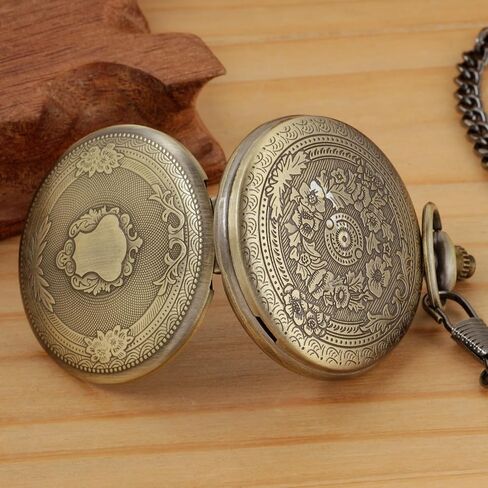 Both Sides Gold Carved Flower Quartz Pocket Watch Quartz Movement, Quartz Pocket Watches with Chain Clip for Men-Gold in Kuwait