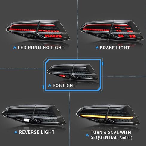 VLAND Tail Lights Compatible with Golf MK7 TSI TDI GTD GTI GTR 2012-2017 Golf MK7.5 GTD TDI TSI 2018-2020, Rear Lights w/Amber Sequential Turn Signals, NOT FIT MK7.5 GTI GTR, Smoked Cover in Saudi Arabia