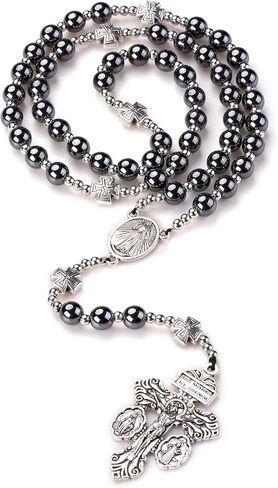 Hematite rosary bead catholic for men,RosaryNecklace for men and women with medal &cross,Rosary black stone beads with stainless steelbeads and St.Benedict metal beads. Religious Prayer Beads with Cross in Saudi Arabia