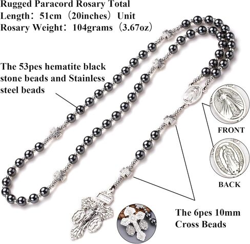Hematite rosary bead catholic for men,RosaryNecklace for men and women with medal &cross,Rosary black stone beads with stainless steelbeads and St.Benedict metal beads. Religious Prayer Beads with Cross in Saudi Arabia