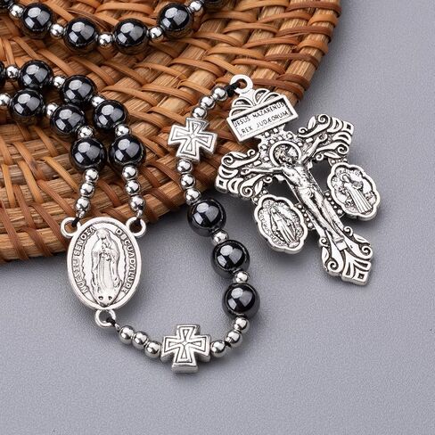 Hematite rosary bead catholic for men,RosaryNecklace for men and women with medal &cross,Rosary black stone beads with stainless steelbeads and St.Benedict metal beads. Religious Prayer Beads with Cross in Saudi Arabia