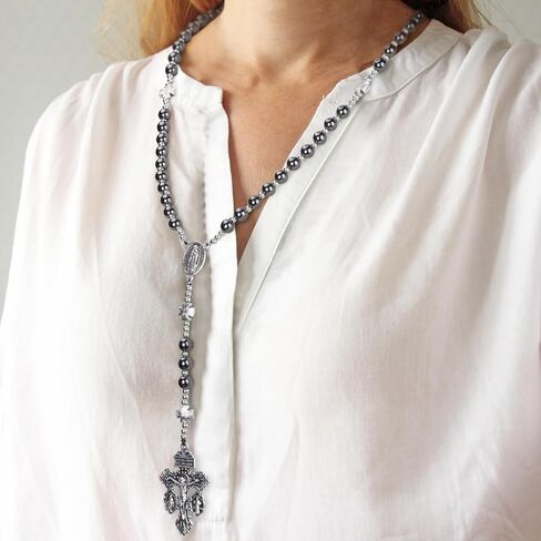 Hematite rosary bead catholic for men,RosaryNecklace for men and women with medal &cross,Rosary black stone beads with stainless steelbeads and St.Benedict metal beads. Religious Prayer Beads with Cross in Saudi Arabia