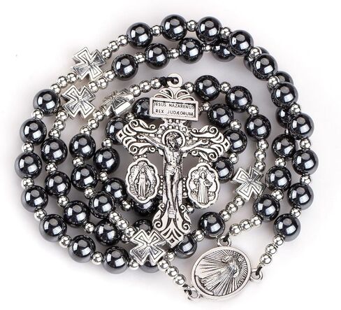 Hematite rosary bead catholic for men,RosaryNecklace for men and women with medal &cross,Rosary black stone beads with stainless steelbeads and St.Benedict metal beads. Religious Prayer Beads with Cross in Saudi Arabia