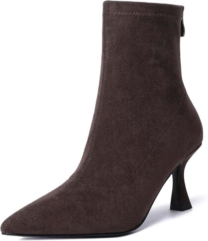 RIBONGZ Ankle Boots for Women Kitten Heeled Booties Back Zipper Pointed Toe Dressy Fur Mid Calf Short Stiletto High Heel Fashion Leather Suede Work Dress Shoes in Saudi Arabia
