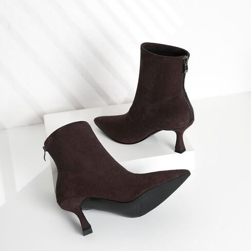 RIBONGZ Ankle Boots for Women Kitten Heeled Booties Back Zipper Pointed Toe Dressy Fur Mid Calf Short Stiletto High Heel Fashion Leather Suede Work Dress Shoes in Saudi Arabia