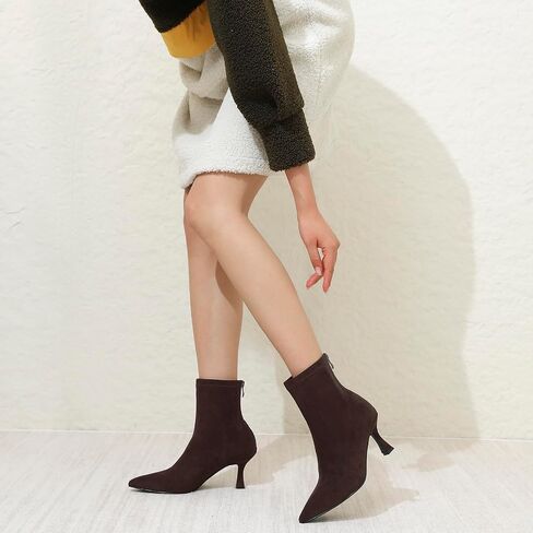 RIBONGZ Ankle Boots for Women Kitten Heeled Booties Back Zipper Pointed Toe Dressy Fur Mid Calf Short Stiletto High Heel Fashion Leather Suede Work Dress Shoes in Saudi Arabia