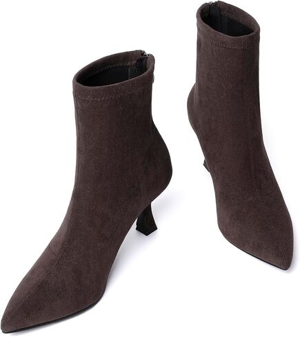 RIBONGZ Ankle Boots for Women Kitten Heeled Booties Back Zipper Pointed Toe Dressy Fur Mid Calf Short Stiletto High Heel Fashion Leather Suede Work Dress Shoes in Saudi Arabia