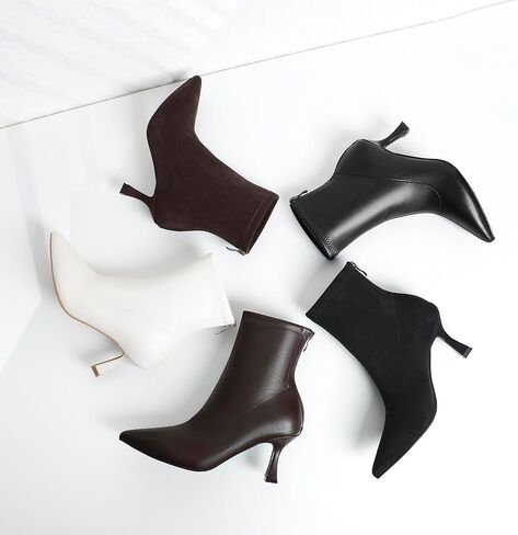 RIBONGZ Ankle Boots for Women Kitten Heeled Booties Back Zipper Pointed Toe Dressy Fur Mid Calf Short Stiletto High Heel Fashion Leather Suede Work Dress Shoes in Saudi Arabia