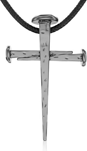 Nail Cross Necklace Sterling Silver 925 – Christian Three Nails Crucifixion Pendant for Men | Handmade in Jerusalem with Oxidized Antique Finish & Leather Cord in Saudi Arabia