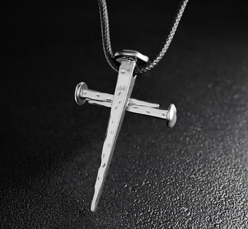 Nail Cross Necklace Sterling Silver 925 – Christian Three Nails Crucifixion Pendant for Men | Handmade in Jerusalem with Oxidized Antique Finish & Leather Cord in Saudi Arabia