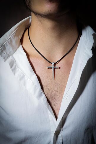 Nail Cross Necklace Sterling Silver 925 – Christian Three Nails Crucifixion Pendant for Men | Handmade in Jerusalem with Oxidized Antique Finish & Leather Cord in Saudi Arabia