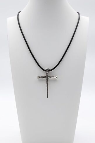Nail Cross Necklace Sterling Silver 925 – Christian Three Nails Crucifixion Pendant for Men | Handmade in Jerusalem with Oxidized Antique Finish & Leather Cord in Saudi Arabia