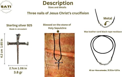 Nail Cross Necklace Sterling Silver 925 – Christian Three Nails Crucifixion Pendant for Men | Handmade in Jerusalem with Oxidized Antique Finish & Leather Cord in Saudi Arabia