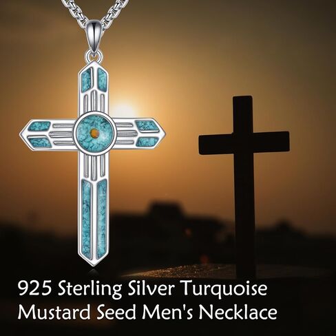 VONALA Black Cross Necklace for Men 925 Sterling Silver Turquoise Mustard Seed Cross Pendant Christian Necklace Jewelry Gifts for Women Men in Saudi Arabia