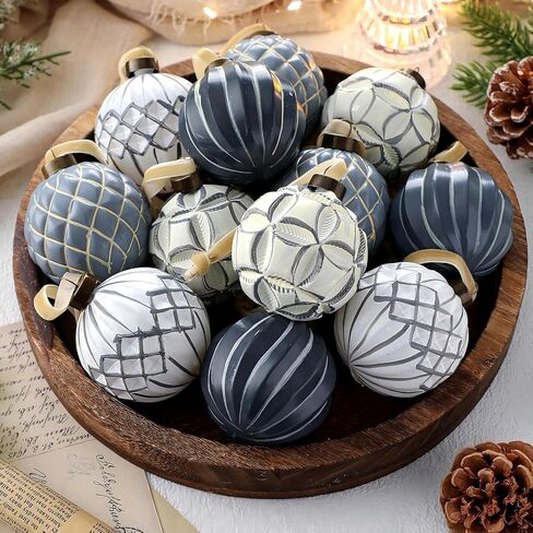 Bucherry 12 Pcs Neutral Textured Christmas Ball Ornaments 2.4 Inch White and Brown Vintage Rustic Christmas Tree Decorations Farmhouse Distressed Xmas Hanging Ornaments for Christmas Tree Home Decor in Saudi Arabia