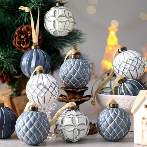 Bucherry 12 Pcs Neutral Textured Christmas Ball Ornaments 2.4 Inch White and Brown Vintage Rustic Christmas Tree Decorations Farmhouse Distressed Xmas Hanging Ornaments for Christmas Tree Home Decor in Saudi Arabia