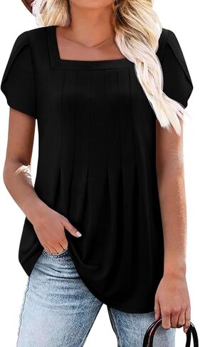 Magritta Womens Blouses Casual Baby Doll Tops Boho Square Neck Short Sleeve Pleated Tshirts Loose Fit Dressy Tunic Shirts in Kuwait