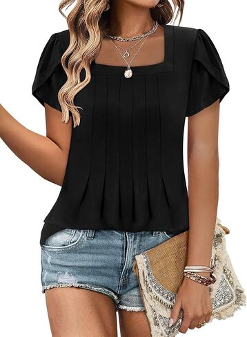 Magritta Womens Blouses Casual Baby Doll Tops Boho Square Neck Short Sleeve Pleated Tshirts Loose Fit Dressy Tunic Shirts in Kuwait