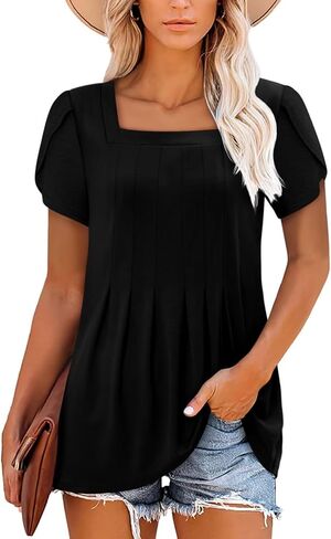 Magritta Womens Blouses Casual Baby Doll Tops Boho Square Neck Short Sleeve Pleated Tshirts Loose Fit Dressy Tunic Shirts in Kuwait