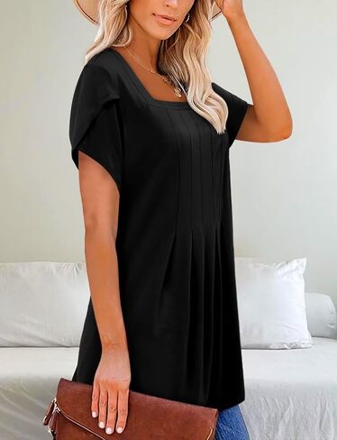 Magritta Womens Blouses Casual Baby Doll Tops Boho Square Neck Short Sleeve Pleated Tshirts Loose Fit Dressy Tunic Shirts in Kuwait