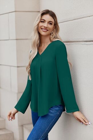 Women Business Casual Tops Blouses Dressy V Neck Chiffon Long Sleeve Work Shirts Elegant Ladies Tops in Kuwait