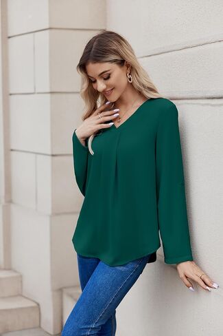 Women Business Casual Tops Blouses Dressy V Neck Chiffon Long Sleeve Work Shirts Elegant Ladies Tops in Kuwait