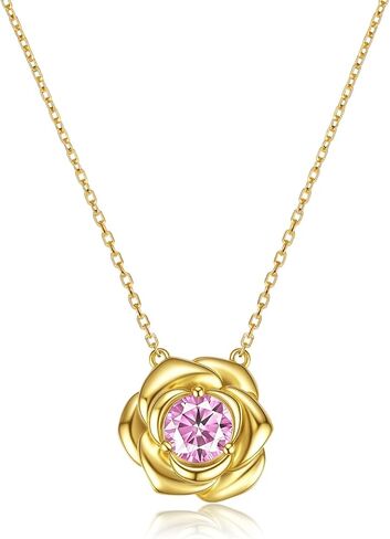Birthstone Necklace Rose Flower Pendant, 14K Gold Plated 925 Sterling Silver Charm & Chain 18"+2", Dainty Jewelry for Women Wife Girlfriend Mom Personalized Anniversary Christmas Birthday Gift in Kuwait