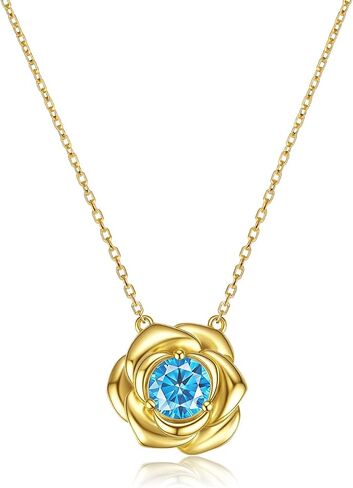 Birthstone Necklace Rose Flower Pendant, 14K Gold Plated 925 Sterling Silver Charm & Chain 18"+2", Dainty Jewelry for Women Wife Girlfriend Mom Personalized Anniversary Christmas Birthday Gift in Kuwait
