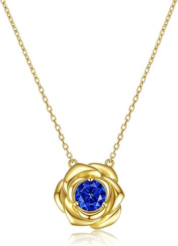 Birthstone Necklace Rose Flower Pendant, 14K Gold Plated 925 Sterling Silver Charm & Chain 18"+2", Dainty Jewelry for Women Wife Girlfriend Mom Personalized Anniversary Christmas Birthday Gift in Kuwait