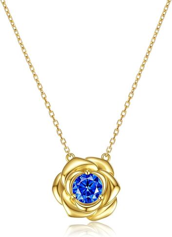 Birthstone Necklace Rose Flower Pendant, 14K Gold Plated 925 Sterling Silver Charm & Chain 18"+2", Dainty Jewelry for Women Wife Girlfriend Mom Personalized Anniversary Christmas Birthday Gift in Kuwait