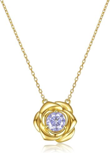 Birthstone Necklace Rose Flower Pendant, 14K Gold Plated 925 Sterling Silver Charm & Chain 18"+2", Dainty Jewelry for Women Wife Girlfriend Mom Personalized Anniversary Christmas Birthday Gift in Kuwait