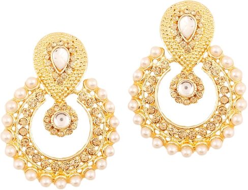 Touchstone Indian Bollywood Chandbali Moon Kundan Polki Look Rhinestones Long Bridal Designer Jewelry Chandelier Earrings For Women In Gold Tone in Kuwait