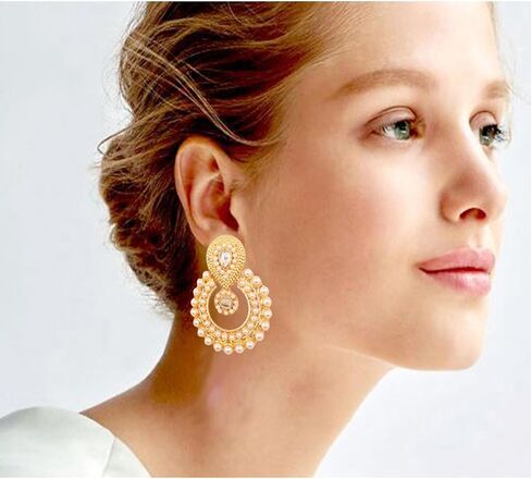 Touchstone Indian Bollywood Chandbali Moon Kundan Polki Look Rhinestones Long Bridal Designer Jewelry Chandelier Earrings For Women In Gold Tone in Kuwait