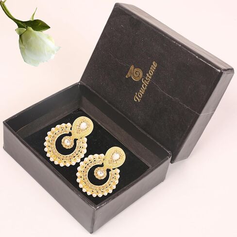 Touchstone Indian Bollywood Chandbali Moon Kundan Polki Look Rhinestones Long Bridal Designer Jewelry Chandelier Earrings For Women In Gold Tone in Kuwait