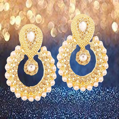 Touchstone Indian Bollywood Chandbali Moon Kundan Polki Look Rhinestones Long Bridal Designer Jewelry Chandelier Earrings For Women In Gold Tone in Kuwait