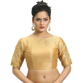 Women's Poly Raw Silk Readymade Saree Blouse with Embroidered Half Sleeves in Kuwait